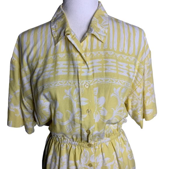 Vintage 80s Button Up Shirt Dress M Yellow Floral Short Sleeve Elastic Pockets - Picture 2 of 6